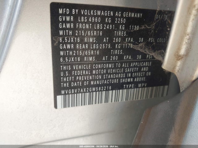 WVGBV7AX2GW582216 Volkswagen TIGUAN S