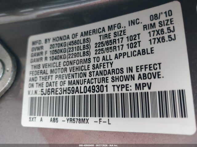 Продаж на аукціоні авто 2010 Honda Cr-v Ex, vin: 5J6RE3H59AL049301, номер лоту: 45988400