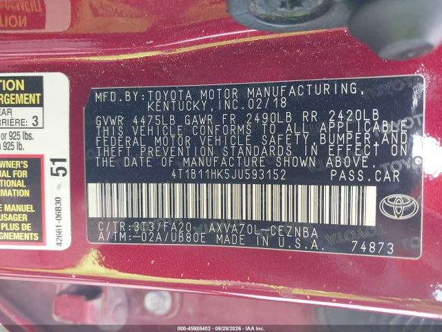 Продажа на аукционе авто 2018 Toyota Camry Le, vin: 4T1B11HK5JU593152, номер лота: 45988402