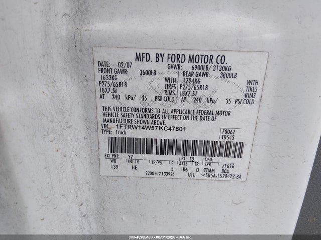 45988403 :رقم المزاد ، 1FTRW14W57KC47801 vin ، 2007 Ford F-150 Xlt مزاد بيع