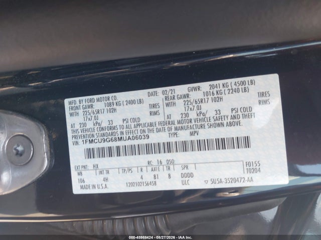 Продажа на аукционе авто 2021 Ford Escape Se, vin: 1FMCU9G68MUA06039, номер лота: 45988424