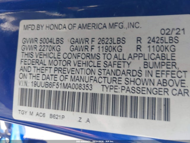45988431 :رقم المزاد ، 19UUB6F51MA008353 vin ، 2021 Acura Tlx A-spec Package مزاد بيع