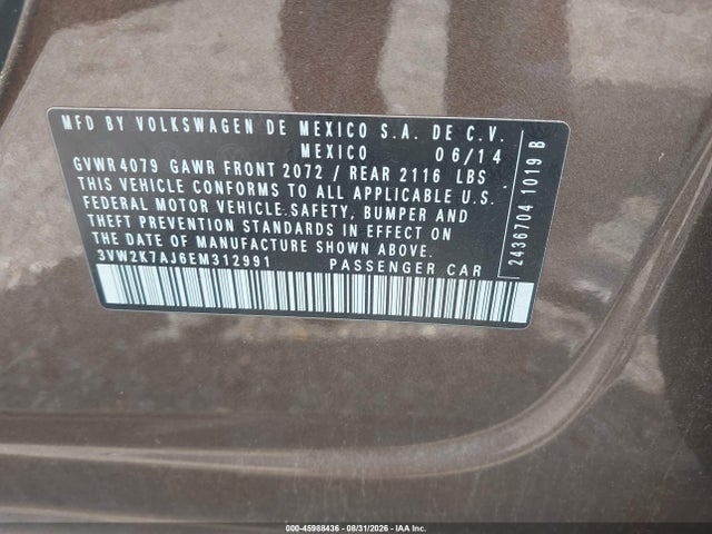 2014 Volkswagen Jetta 2.0l S მანქანა იყიდება აუქციონზე, vin: 3VW2K7AJ6EM312991, აუქციონის ნომერი: 45988436
