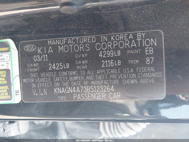 Aukcja sprzedaży 2011 Kia Optima Ex, vin: KNAGN4A73B5123264, numer aukcji: 45988455