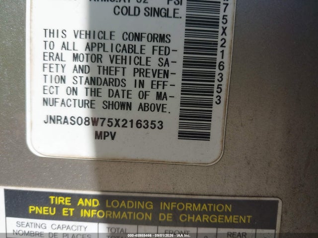 45988466 :رقم المزاد ، JNRAS08W75X216353 vin ، 2005 Infiniti Fx35 مزاد بيع