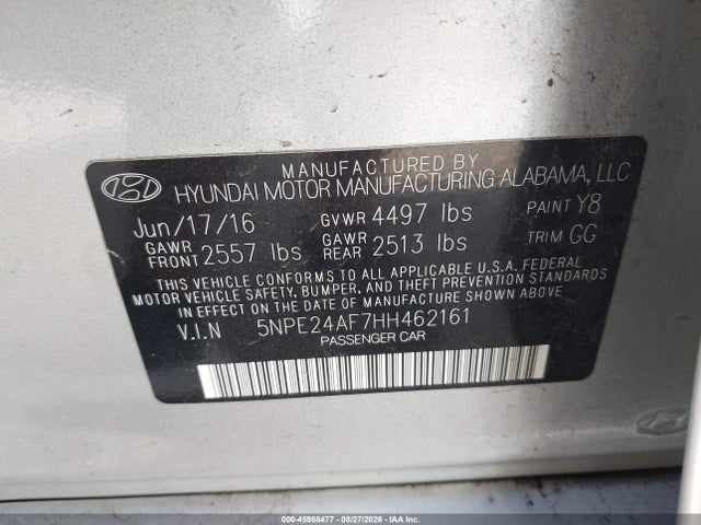 Aukcja sprzedaży 2017 Hyundai Sonata, vin: 5NPE24AF7HH462161, numer aukcji: 45988477
