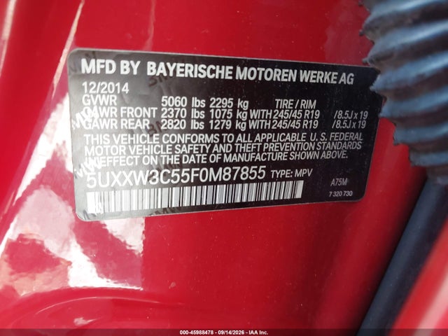 Aukcja sprzedaży 2015 Bmw X4 Xdrive28i, vin: 5UXXW3C55F0M87855, numer aukcji: 45988478