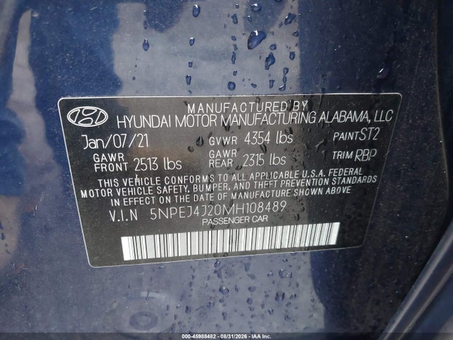 Продаж на аукціоні авто 2021 Hyundai Sonata Sel Plus, vin: 5NPEJ4J20MH108489, номер лоту: 45988482