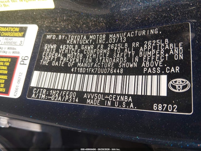 45988486 :رقم المزاد ، 4T1BD1FK7DU076448 vin ، 2013 Toyota Camry Hybrid Le مزاد بيع