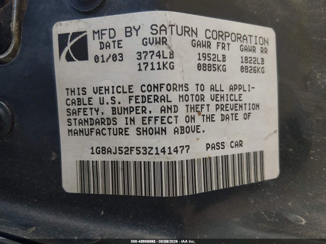 Aukcja sprzedaży 2003 Saturn Ion 2, vin: 1G8AJ52F53Z141477, numer aukcji: 45988492