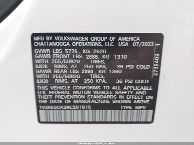 45988498 :رقم المزاد ، 1V2KE2CA3RC201816 vin ، 2024 Volkswagen Atlas Cross Sport 2.0t Se W/technology مزاد بيع