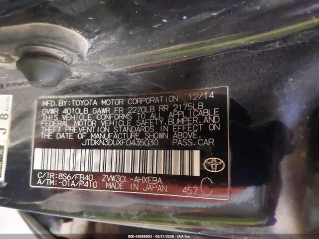 45988503 :رقم المزاد ، JTDKN3DUXF0435030 vin ، 2015 Toyota Prius Three مزاد بيع