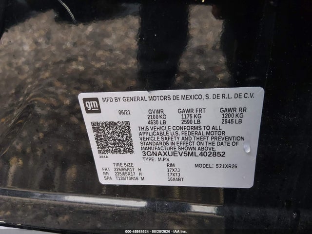2021 Chevrolet Equinox Awd Lt მანქანა იყიდება აუქციონზე, vin: 3GNAXUEV5ML402852, აუქციონის ნომერი: 45988524