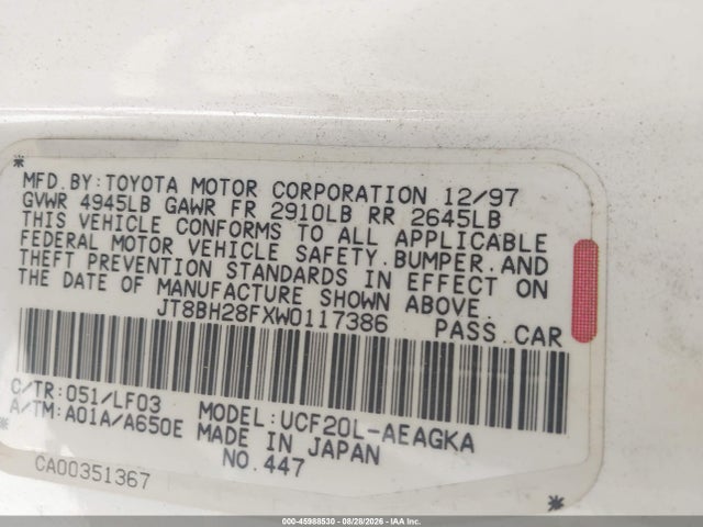 Aukcja sprzedaży 1998 Lexus Ls 400, vin: JT8BH28FXW0117386, numer aukcji: 45988530