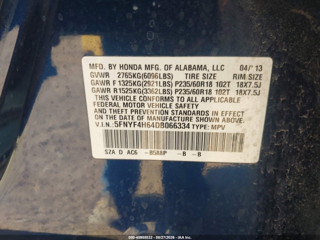 45988532 :رقم المزاد ، 5FNYF4H64DB066334 vin ، 2013 Honda Pilot Ex-l مزاد بيع