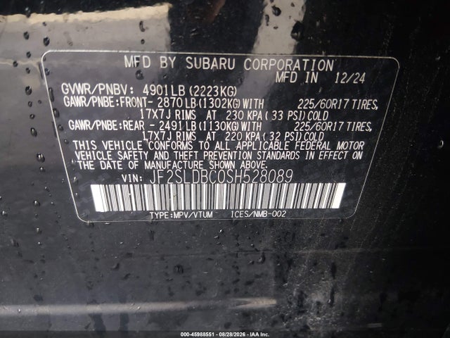 Продаж на аукціоні авто 2025 Subaru Forester Premium, vin: JF2SLDBC0SH528089, номер лоту: 45988551