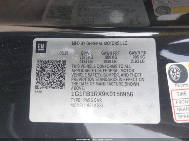 Продаж на аукціоні авто 2019 Chevrolet Camaro 1lt, vin: 1G1FB1RX9K0158956, номер лоту: 45988565