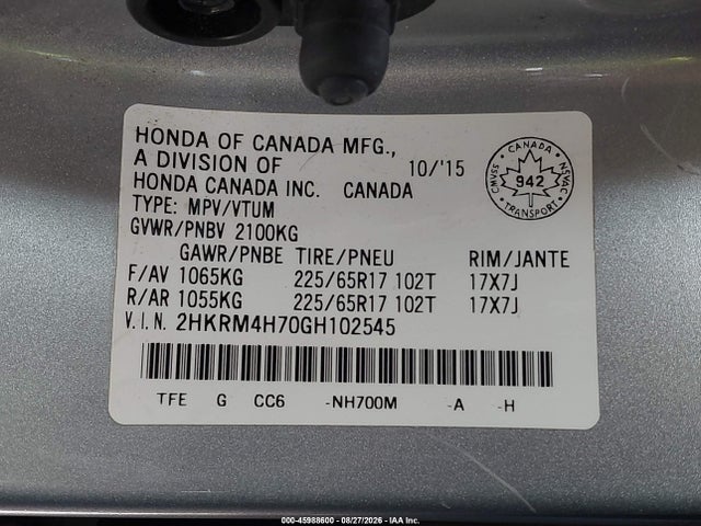 2HKRM4H70GH102545 Honda Cr-v Ex-l
