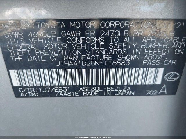 Aukcja sprzedaży 2022 Lexus Is 300, vin: JTHAA1D28N5118583, numer aukcji: 45988606