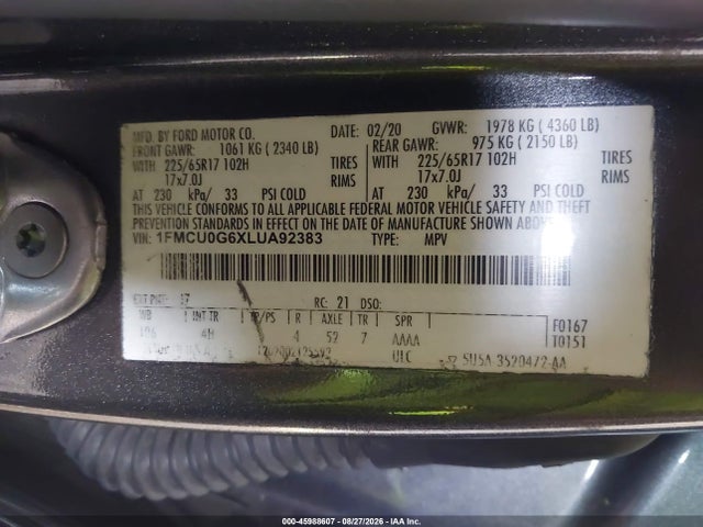 Продаж на аукціоні авто 2020 Ford Escape Se, vin: 1FMCU0G6XLUA92383, номер лоту: 45988607