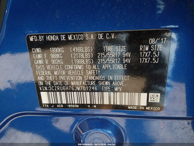 Aukcja sprzedaży 2018 Honda Hr-v Ex-l, vin: 3CZRU6H76JM701246, numer aukcji: 45988620