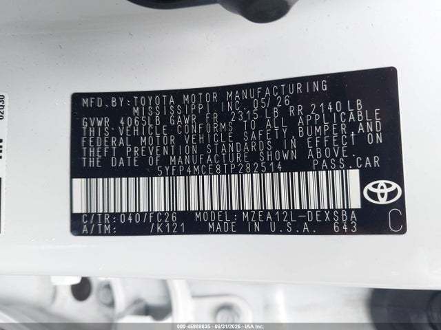 Продаж на аукціоні авто 2026 Toyota Corolla Se, vin: 5YFP4MCE8TP282514, номер лоту: 45988635