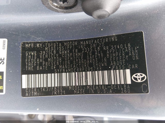 Aukcja sprzedaży 2024 Toyota Corolla Le, vin: 5YFB4MDE8RP080788, numer aukcji: 45988645