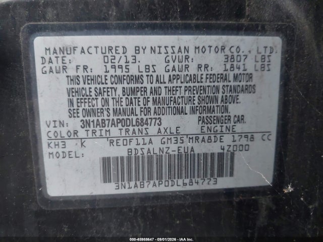 45988647 :رقم المزاد ، 3N1AB7AP0DL684773 vin ، 2013 Nissan Sentra Fe+ Sv مزاد بيع