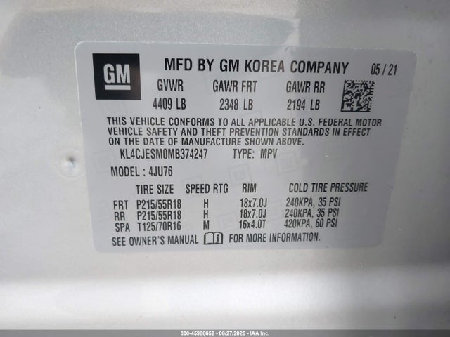 45988652 :رقم المزاد ، KL4CJESM0MB374247 vin ، 2021 Buick Encore Awd Preferred مزاد بيع