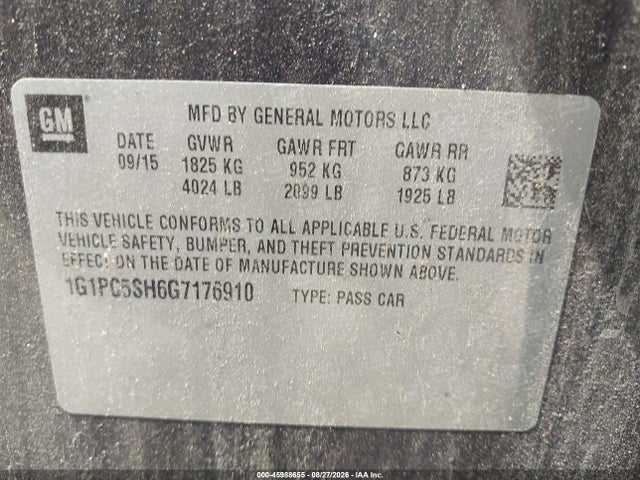 45988655 :رقم المزاد ، 1G1PC5SH6G7176910 vin ، 2016 Chevrolet Cruze Limited Ls Auto مزاد بيع