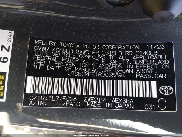 45988699 :رقم المزاد ، JTDBCMFE1R3035894 vin ، 2024 Toyota Corolla Hybrid Se مزاد بيع