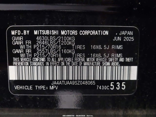 2025 Mitsubishi Eclipse Cross Es S-awc მანქანა იყიდება აუქციონზე, vin: JA4ATUAA9SZ048065, აუქციონის ნომერი: 45988700