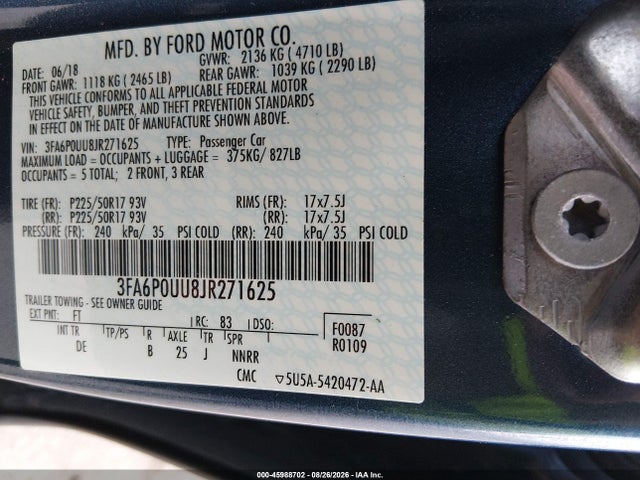 Продаж на аукціоні авто 2018 Ford Fusion Hybrid S, vin: 3FA6P0UU8JR271625, номер лоту: 45988702