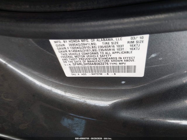 45988705 :رقم المزاد ، 5FNRL3H59AB063276 vin ، 2010 Honda Odyssey Ex مزاد بيع