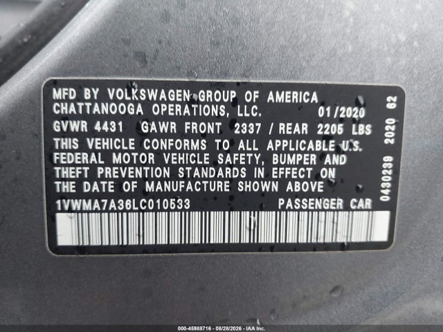 Продажа на аукционе авто 2020 Volkswagen Passat 2.0t R-line, vin: 1VWMA7A36LC010533, номер лота: 45988716