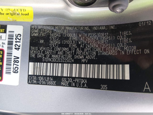 2012 Toyota Sienna Xle V6 8 Passenger მანქანა იყიდება აუქციონზე, vin: 5TDYK3DC2CS225024, აუქციონის ნომერი: 45988717