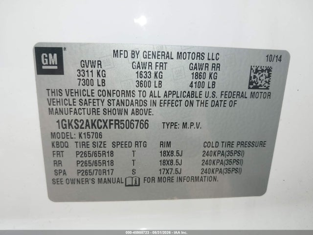 Продаж на аукціоні авто 2015 Gmc Yukon Sle, vin: 1GKS2AKCXFR506766, номер лоту: 45988723