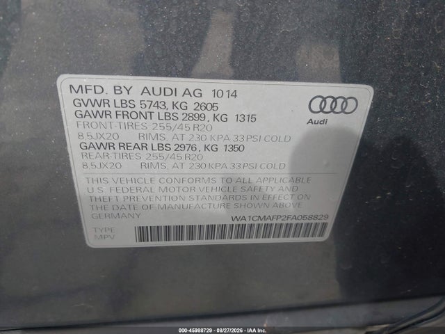 Aukcja sprzedaży 2015 Audi Q5 3.0 Tdi Premium Plus, vin: WA1CMAFP2FA058829, numer aukcji: 45988729