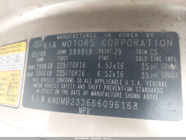 45988735 :رقم المزاد ، KNDMB233666096168 vin ، 2006 Kia Sedona Ex/lx مزاد بيع