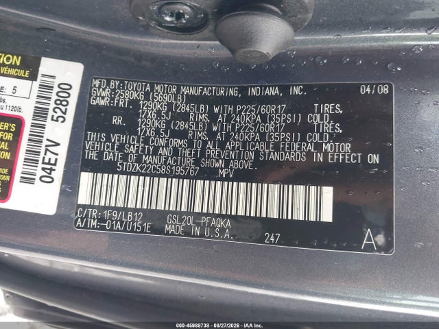 45988738 :رقم المزاد ، 5TDZK22C58S195767 vin ، 2008 Toyota Sienna Xle مزاد بيع