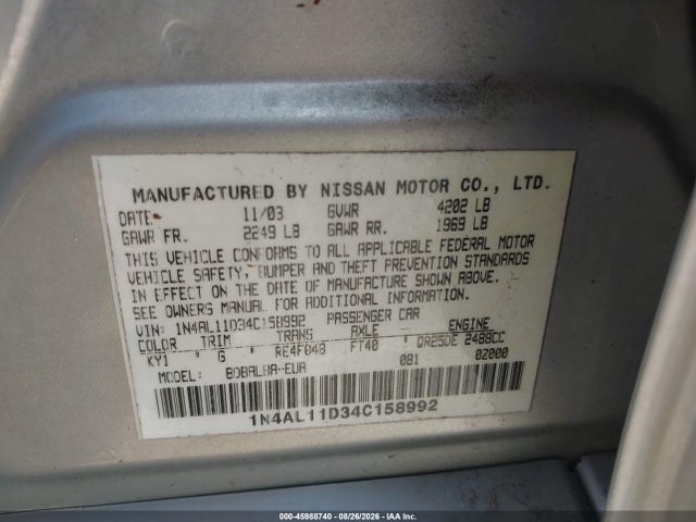 Aukcja sprzedaży 2004 Nissan Altima 2.5 S, vin: 1N4AL11D34C158992, numer aukcji: 45988740