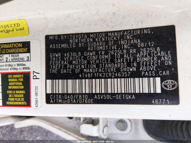 Продаж на аукціоні авто 2012 Toyota Camry Xle, vin: 4T4BF1FK2CR246357, номер лоту: 45988744