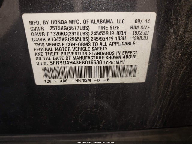 Aukcja sprzedaży 2015 Acura Mdx Technology Package, vin: 5FRYD4H43FB016630, numer aukcji: 45988768