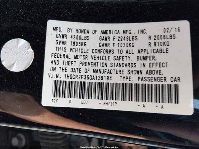 2016 Honda Accord Lx მანქანა იყიდება აუქციონზე, vin: 1HGCR2F35GA129194, აუქციონის ნომერი: 45988780