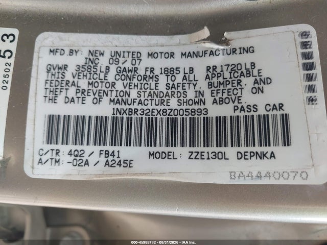 45988782 :رقم المزاد ، 1NXBR32EX8Z005893 vin ، 2008 Toyota Corolla Le مزاد بيع