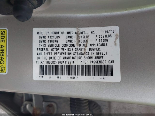 45988784 :رقم المزاد ، 1HGCR2F88DA012216 vin ، 2013 Honda Accord Ex-l مزاد بيع