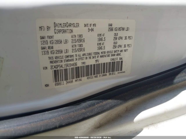 Aukcja sprzedaży 2005 Chrysler Town & Country Touring, vin: 2C4GP54L15R284036, numer aukcji: 45988800