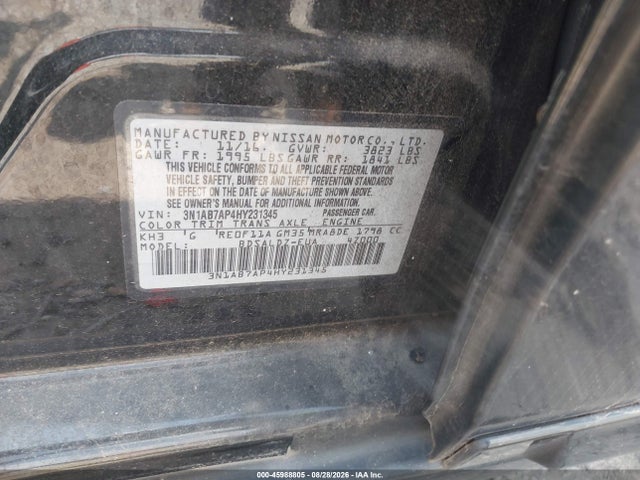 Продаж на аукціоні авто 2017 Nissan Sentra Sv, vin: 3N1AB7AP4HY231345, номер лоту: 45988805