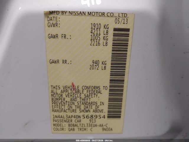 Продаж на аукціоні авто 2013 Nissan Altima 2.5 Sv, vin: 1N4AL3AP4DN568954, номер лоту: 45988808