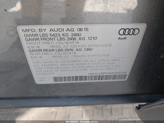 Продаж на аукціоні авто 2016 Audi Q5 2.0t Premium, vin: WA1L2AFP2GA046039, номер лоту: 45988820